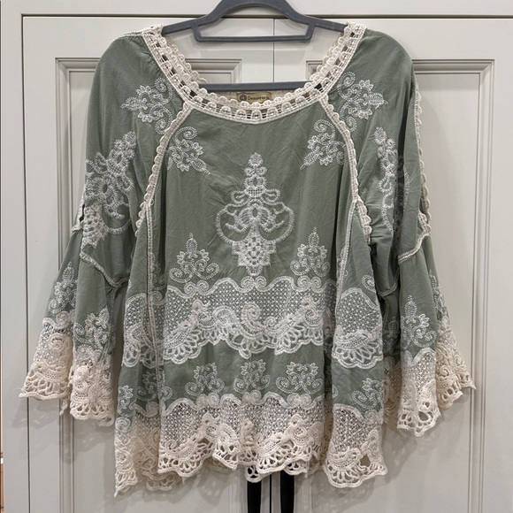 Democracy Tops - Democracy Embroidered Top Womens Large Green Lace Crochet Boho Peasant fairycore